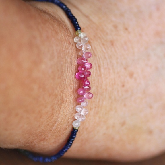 Pink, Green, and Blue Sapphire Bracelet in Solid 14K White Gold - Picture 3 of 7